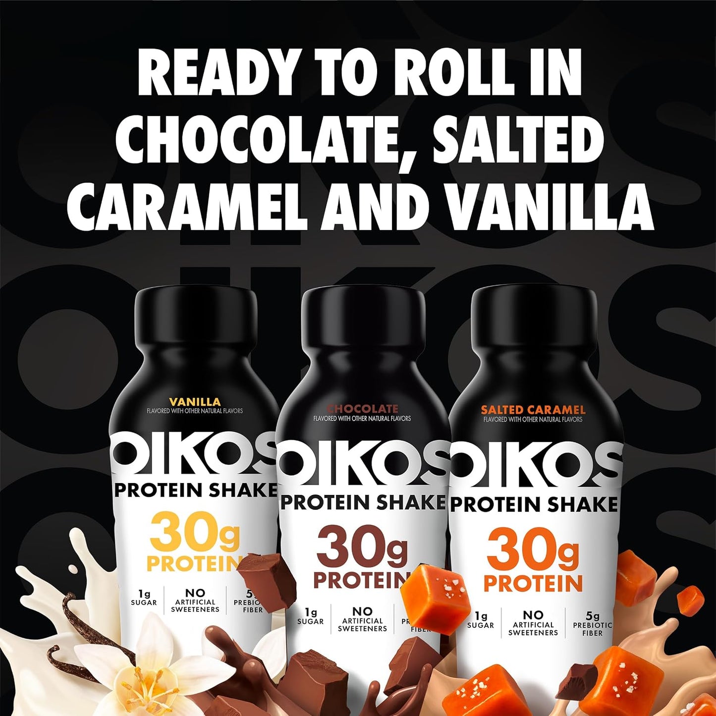 Oikos Protein Shake, Exclusive Variety Pack, 30g High Protein Drinks, Shelf Stable, Ready to Drink, 5g Prebiotic Fiber, 12 fl oz Bottle (4 ct Chocolate, 4 ct Vanilla, 4 ct Salted Caramel)