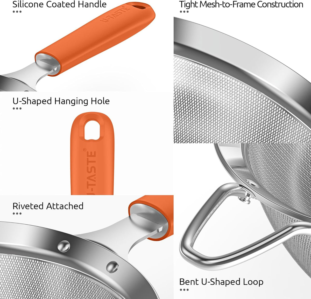 U-Taste Medium Fine Mesh Strainer: 18/8 Stainless Steel 4.73in 30 Mesh Kitchen Food Sieve with Sturdy Riveted Silicone Handle, Heavy Duty Deep Handheld Metal Colander for Rice, Quinoa, Flour (Orange)