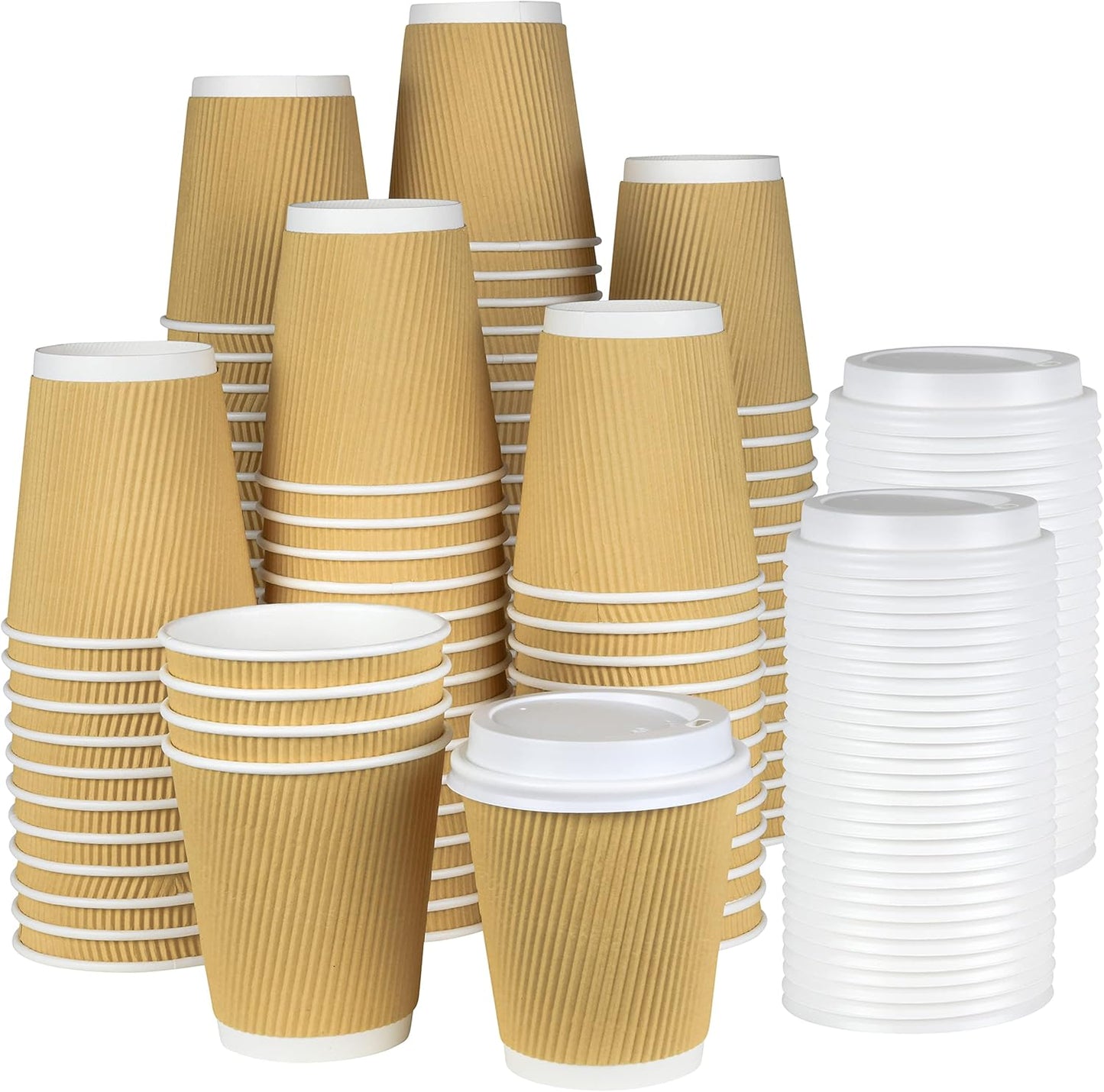 NYHI 100 8 oz Ripple Kraft Paper Cups Brown Hot Cold with Lids 3 Layer Rippled Small Insulated Dispo