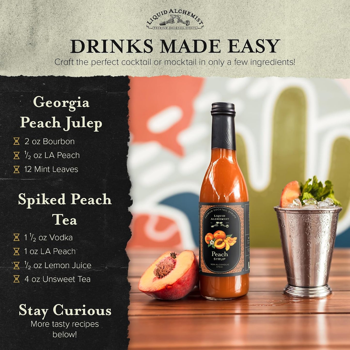 Liquid Alchemist Peach Syrup for Cocktails | Real Ingredients Make our Peach Syrup for Drinks a Perfect Bellini Mix | Small Batch, Non-GMO &amp; Vegan | 12.7 oz Drink Mixer, Pack of 1