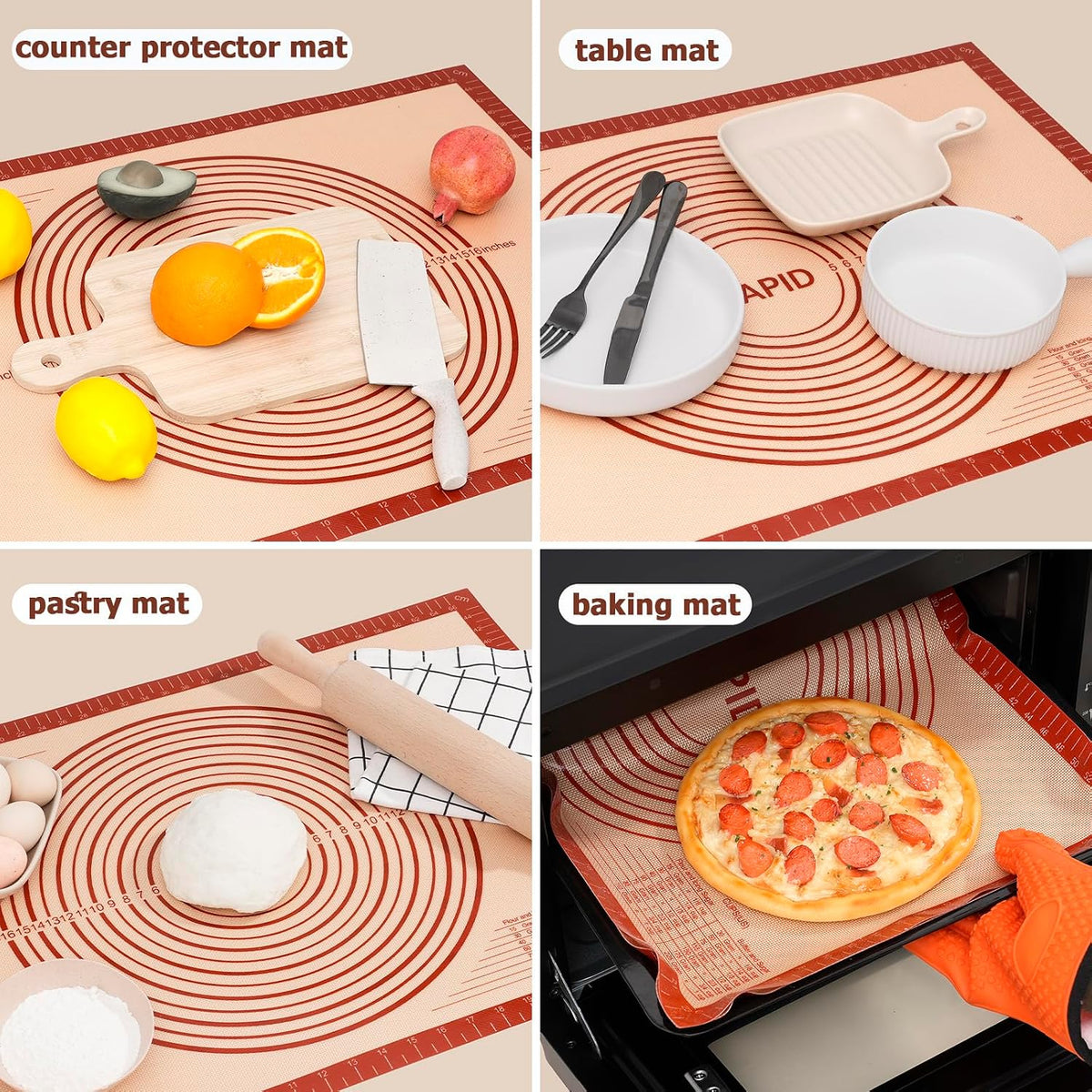 Sapid Thick Silicone Pastry Mat Baking Dough Rolling Extra Large 20" x 28" | Non-slip with Measurements for Non-stick Dough Rolling, Pie Crust, Kneading Mats, Countertop, Placement Mats (Red)