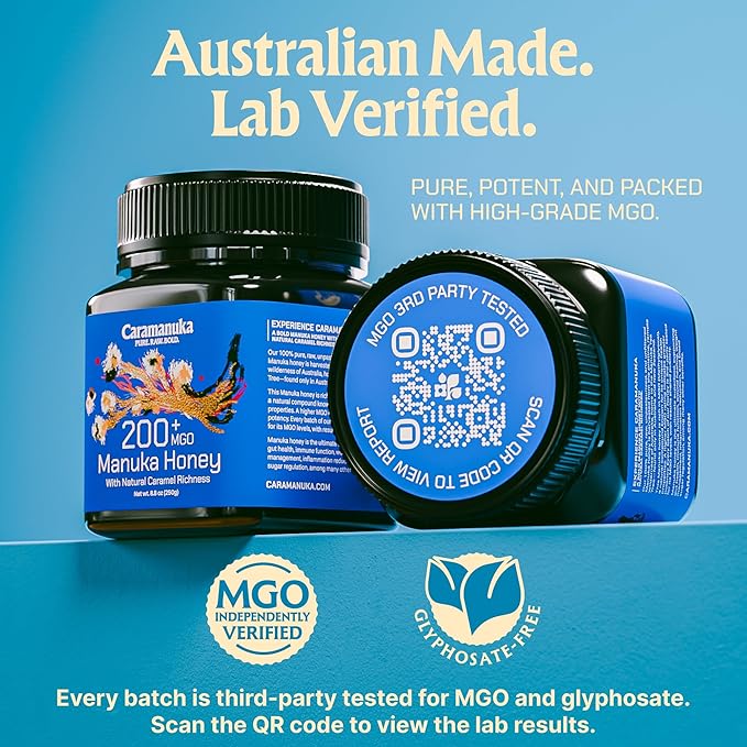 Caramanuka Manuka Honey MGO 200 – 100% Raw & Unfiltered Australian Honey, Independently Lab-Tested for MGO & Glyphosate, Bold Caramel-Like Flavor, 8.8 oz (250g)