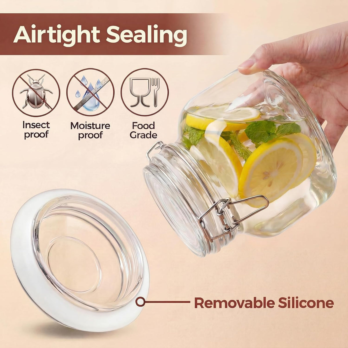 Glass Jars with Airtight Lid Set of 6, 17 floz Wide Mouth Mason Jars with Clamp Lids,Glass Sealed Jars with Air Tight Lids, Best for Kitchen & Pantry Food Storage