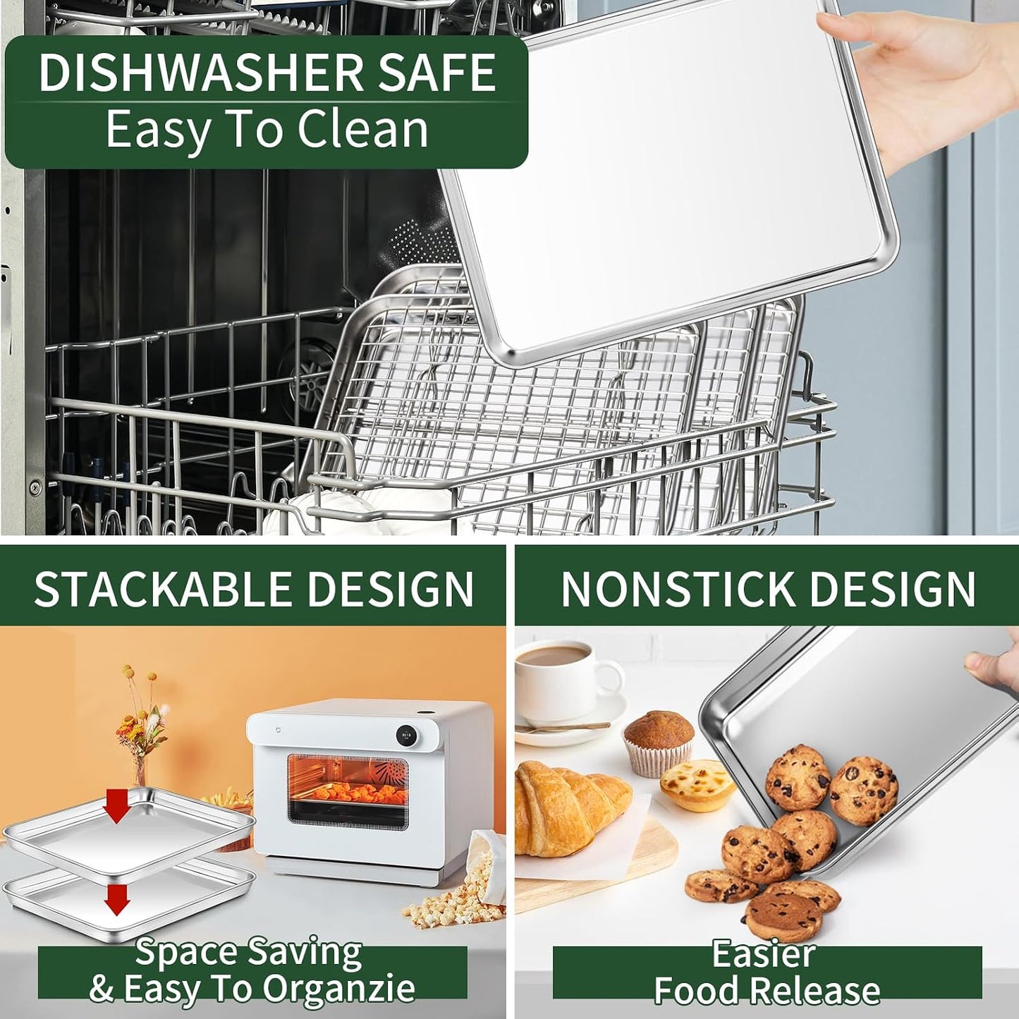 CEKEE Baking Sheet and Cooling Rack Set (2 Baking Pans + 2 Baking Racks), Stainless Steel Cookie Sheet Baking Pan Tray for Toaster Oven, Non Toxic &amp; Heavy Duty &amp; Easy Clean, Size 16 x 12 x 1 Inches