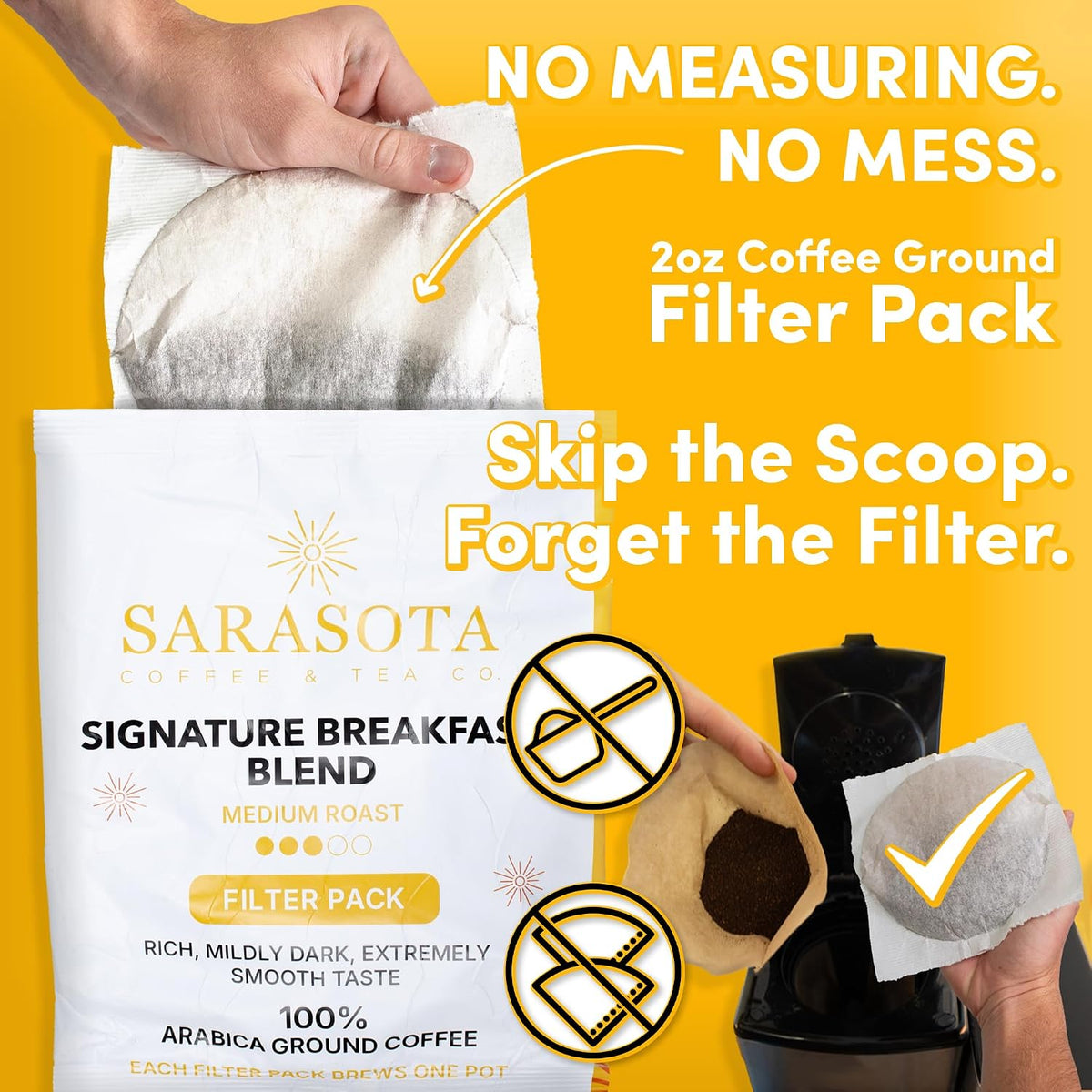 Breakfast Blend Coffee Filter Packs, 2 oz, 40 Count, Medium Roast, 3rd Party Tested Low Acid Mold Free Ground Coffee for 10-12 Cup Drip Coffee Makers