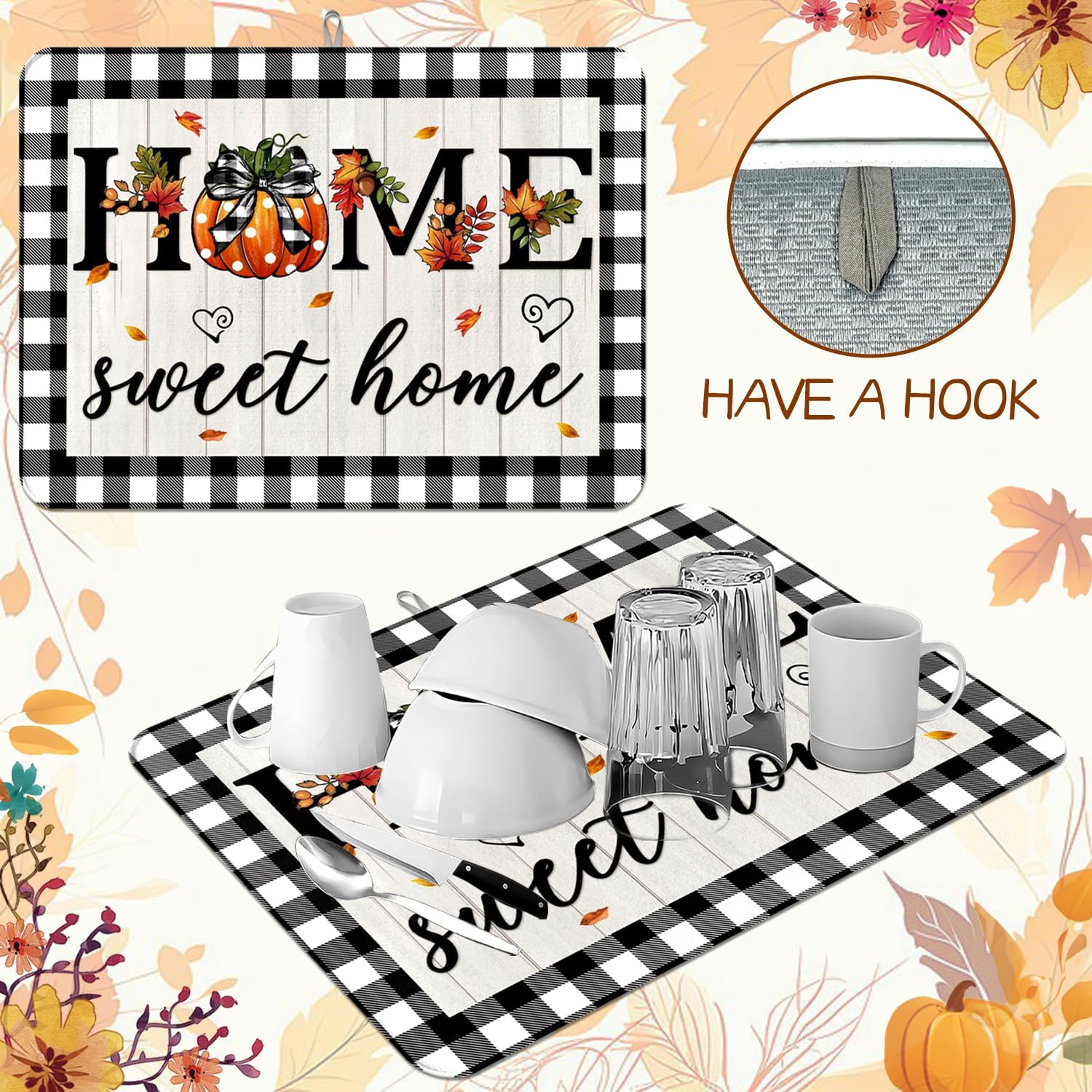 Autumn Fall Drying Mat Kitchen Countertop Pumpkin Black And White Check sweet Home 18 X 24 Inch Kitchen Coffee Bar