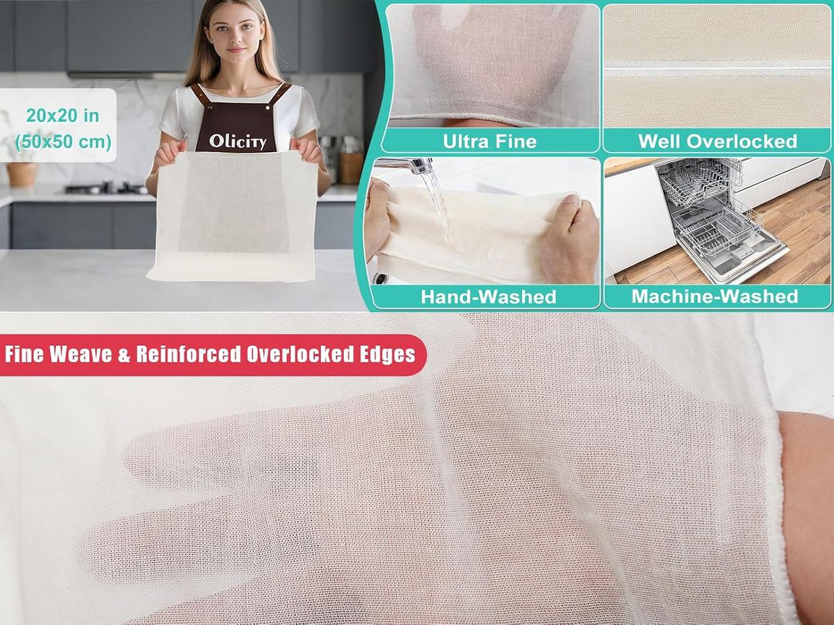 Olicity Cheese Cloths, 2Pack, Double-Layer, 20x20Inch, Reusable