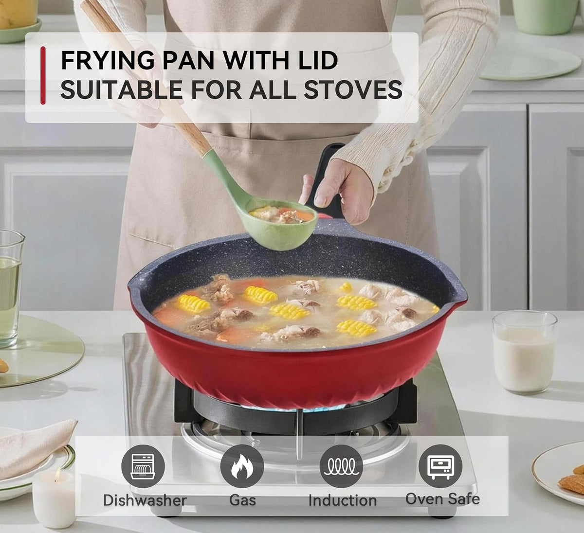 Vinchef Nonstick Skillet with Lid, 11In/5Qt Aluminum Deep Frying Pan with Lid and Heat Indicator, Anti Scratch and Anti Stain Deep Saute Pan, Induction Compatible