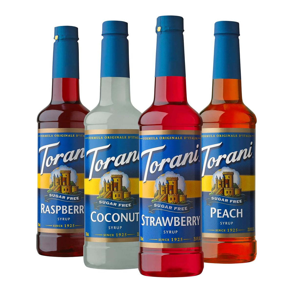 Torani Sugar Free Drink Syrup Soda Flavors Variety Pack, 25.4 fl oz, 4 Pack | Flavors Include Raspberry, Coconut, Strawberry &amp; Peach