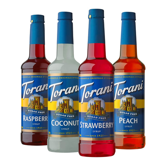 Torani Sugar Free Drink Syrup Soda Flavors Variety Pack, 25.4 fl oz, 4 Pack | Flavors Include Raspberry, Coconut, Strawberry &amp; Peach