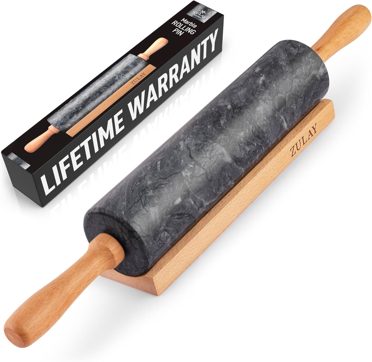 Zulay Kitchen 17-Inch Marble Rolling Pin With Stand - Polished Marble Rolling Pins For Baking - Long Rolling Pin Marble With Beechwood Handle - Non-stick Roller Pin For Baking Pastries, Bread & Pizza