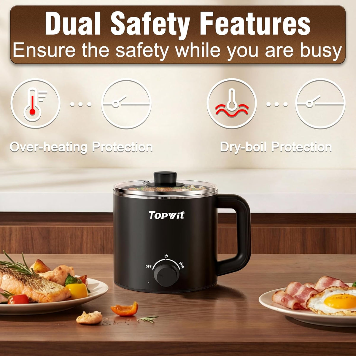 Topwit Hot Pot Electric with Steamer, 1.6L Ramen Cooker, Electric Pot for Pasta, Shabu-Shabu, Oatmeal, Soup and Egg, Portable Cooker with Dual Power Control, Dorm Room Essentials, Black