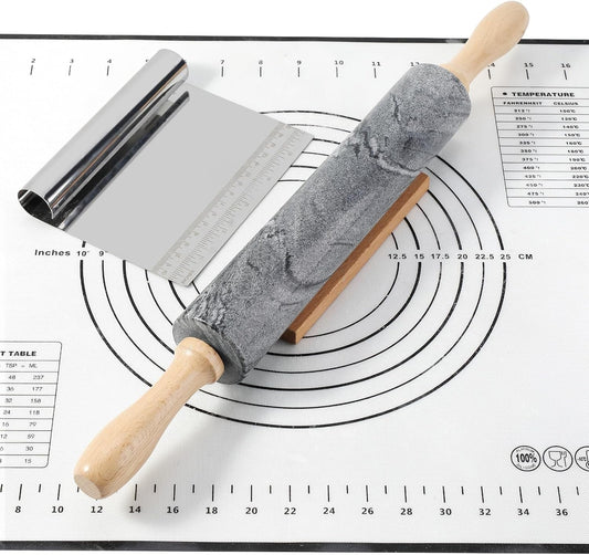 African Natural Marble Rolling Pin, Non-Stick Polished Dough Roller, Pasta, Dumpling, Fondant, Pie Crust, Bread, Pizza Dough, Kitchen Baking Pastry Tools with Mat/Scraper(Monte Grigio)