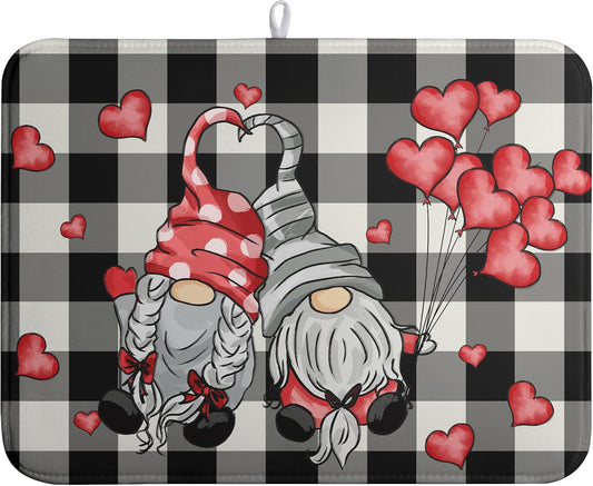 Valentine Gnome Hearts Dish Drying Mat Valentines Gnomes Dishes Dryer Mats for Kitchen Countertop 18x24 Inches Under Coffee