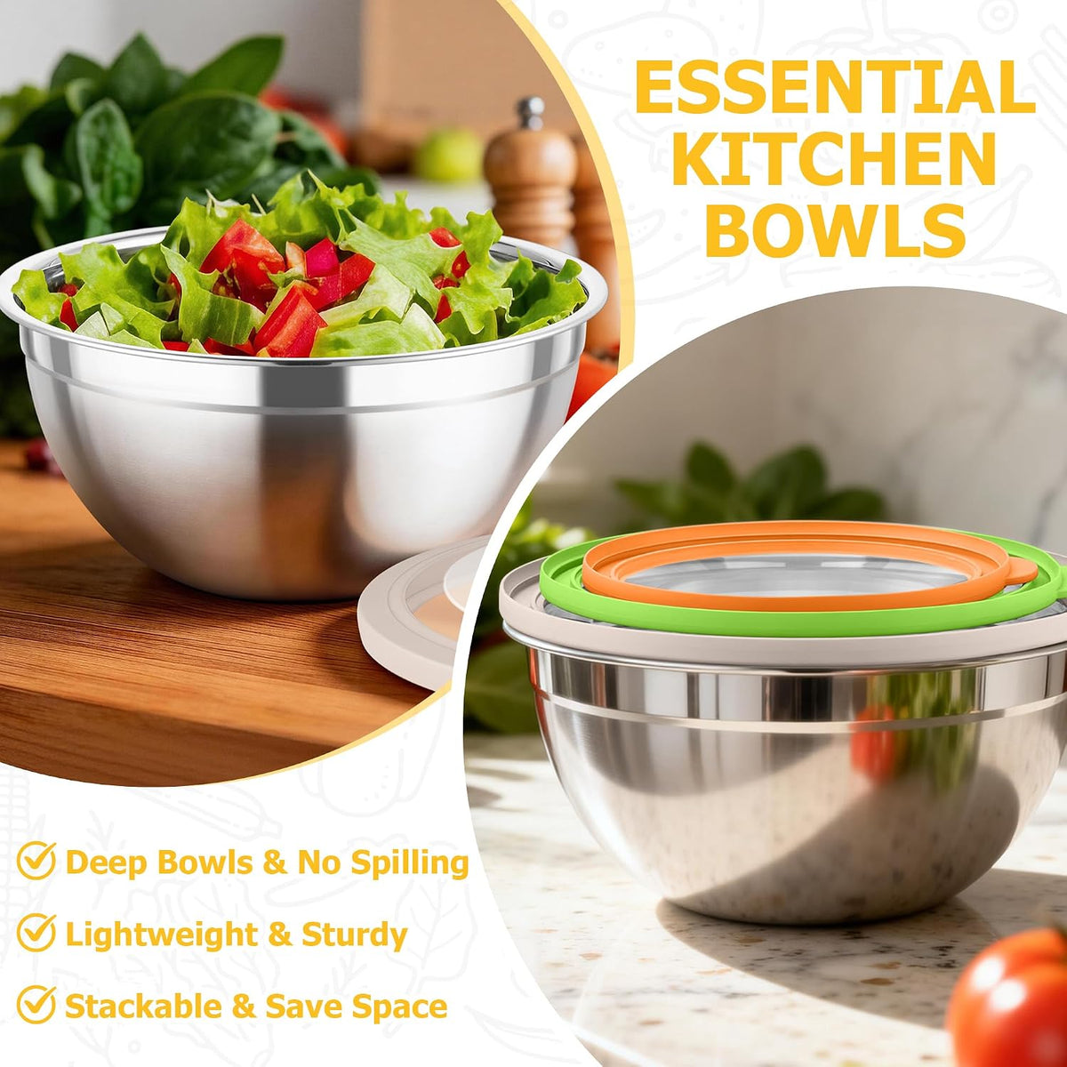TeamFar Mixing Bowls, 4.5/3/1.5 QT Stainless Steel Nesting Salad Bowls