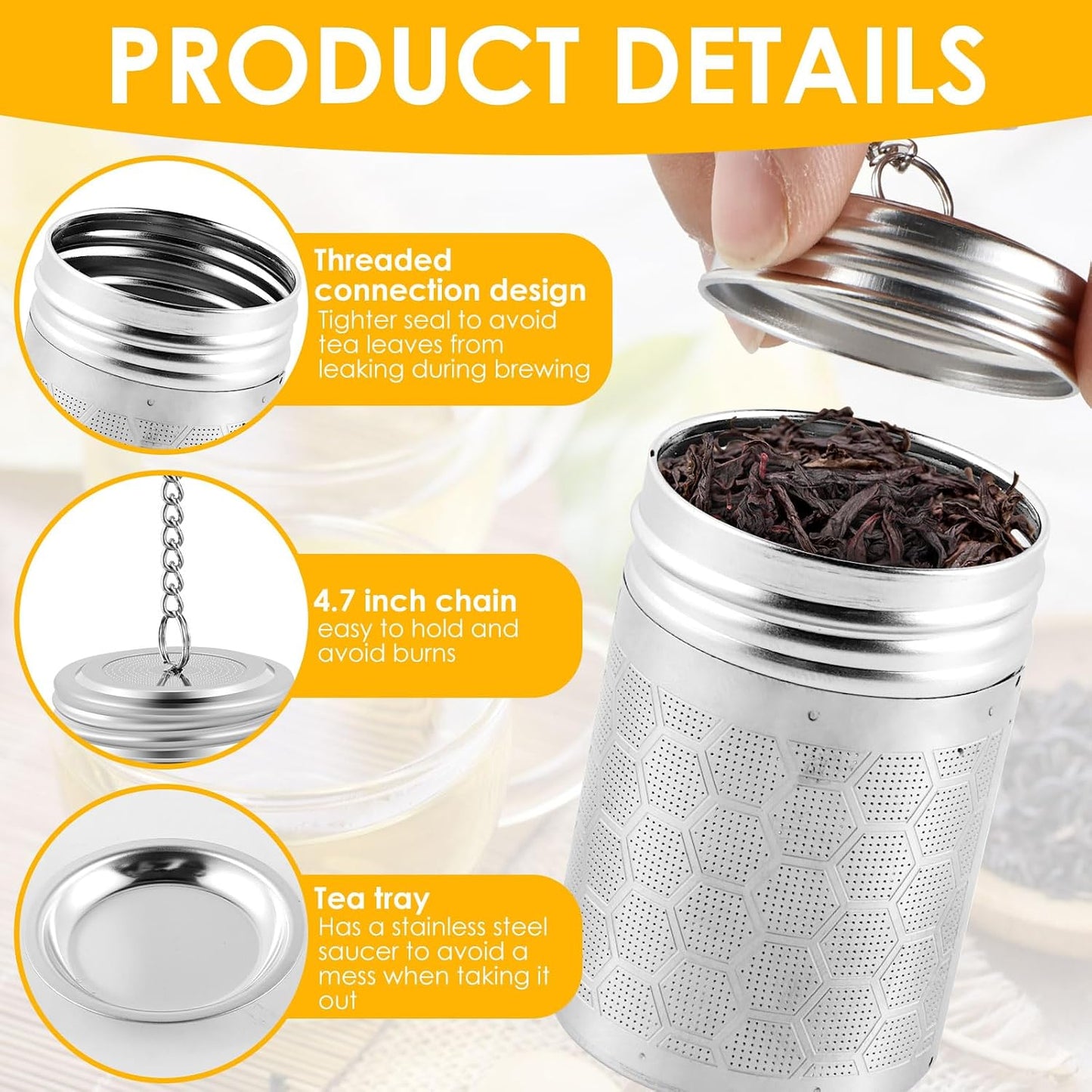 4 Pack Tea Infuser for Loose Leaf Tea, Extra Fine Mesh 304 Stainless Steel Tea Strainers with Drip Tray and Chain Hook, Reusable Tea Ball Steeper for Mug Teapot, Spice Diffuser