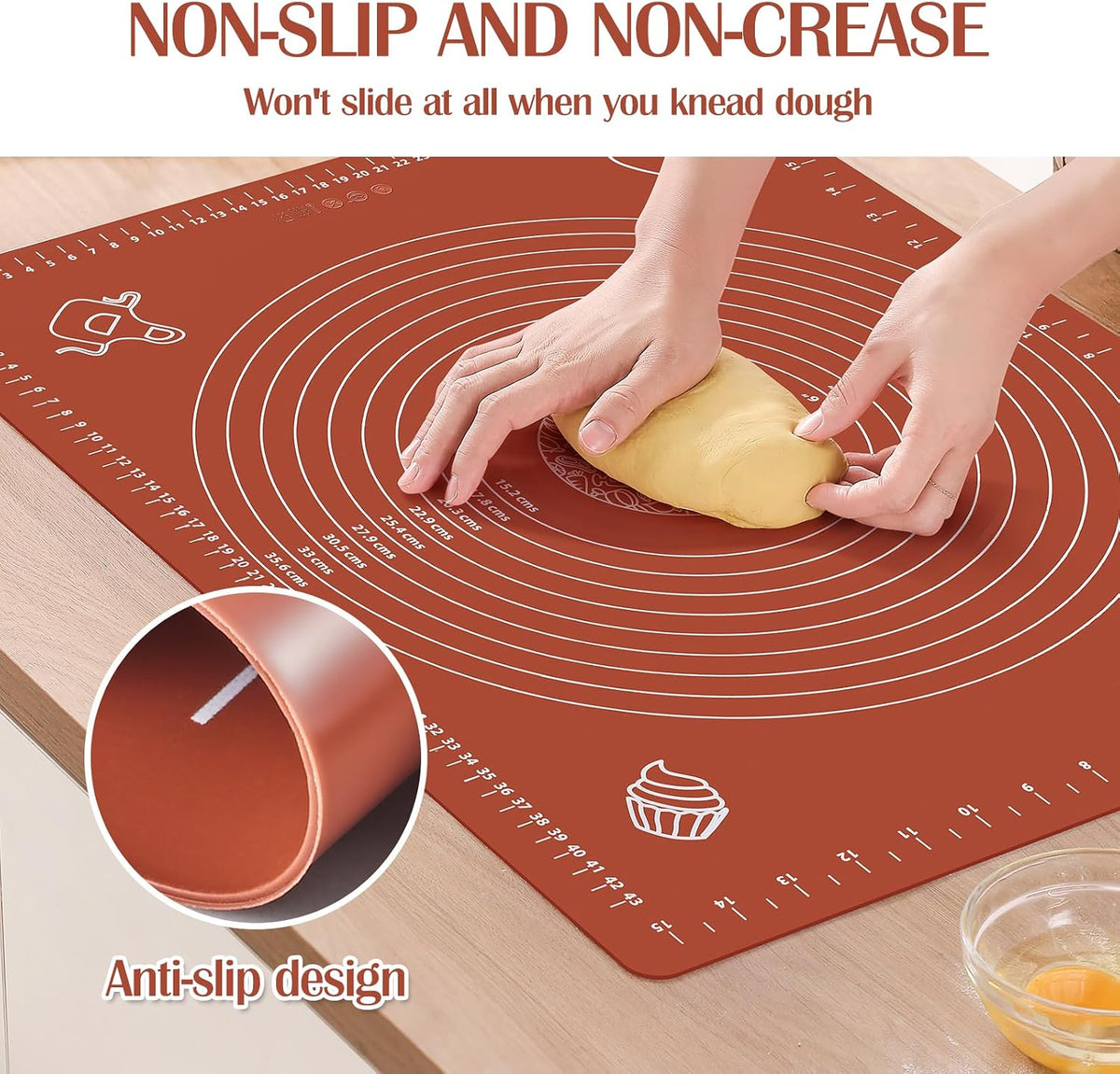 6PCS Silicone Baking Mat Set, Pastry Mat with Measurements Wooden Rolling Pin/Knife/Fork/Spoon/Scraper, Pasta Cutter,Non-slip Silicone Mat, Non-Stick Dough Mat for Counter,Kneading Mat Set,28''*20''