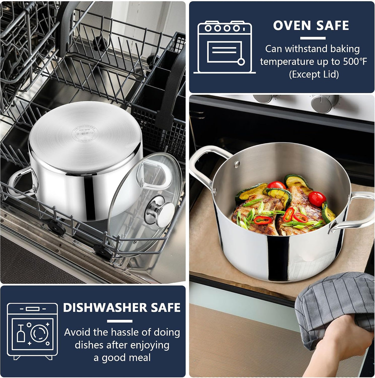 P&P CHEF 6 Quart Tri-Ply Stainless Steel Stock Pot, 6 Qt Stockpot Pasta Cooking Pot with Visible Lid for Soup Vegetable, Induction Cookware for All Stoves, Sturdy & Double Handle, Dishwasher Safe