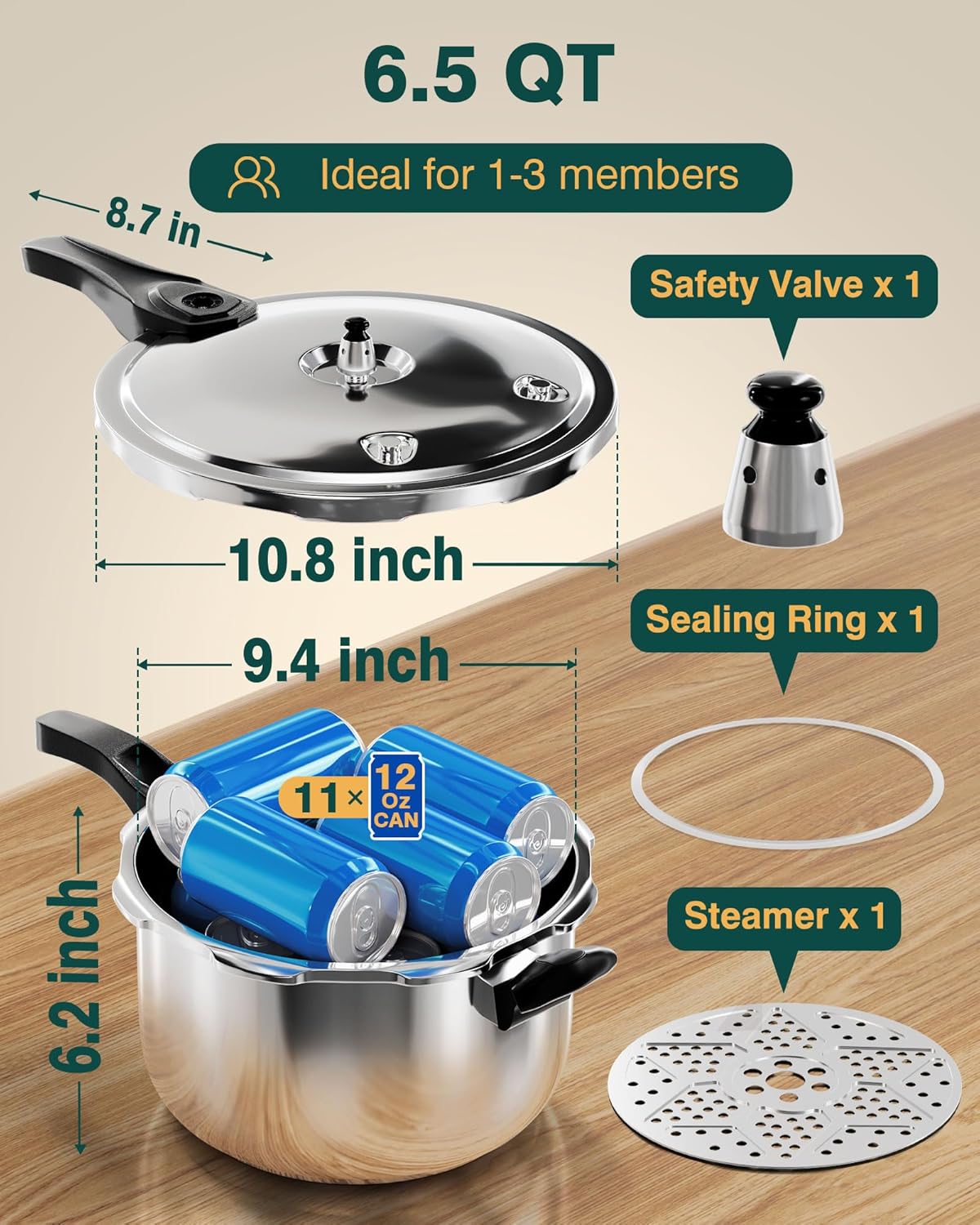 WantJoin Pressure Cooker, 6 Quart Stainless Steel Pressure Canner, Induction Compatible Cookware with Spring Valve Safeguard Devices,Compatible with Gas & Induction Cooker