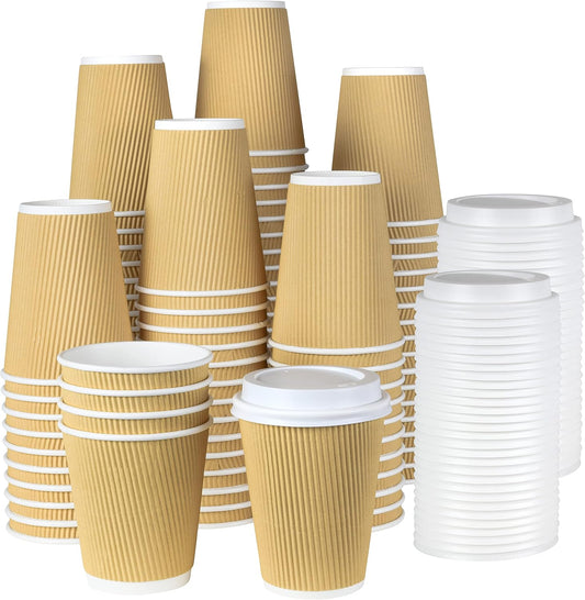 NYHI 100 12 oz Ripple Kraft Paper Cups Brown Hot Cold with Lids 3 Layer Rippled Small Insulated Disposable Coffee Cups for