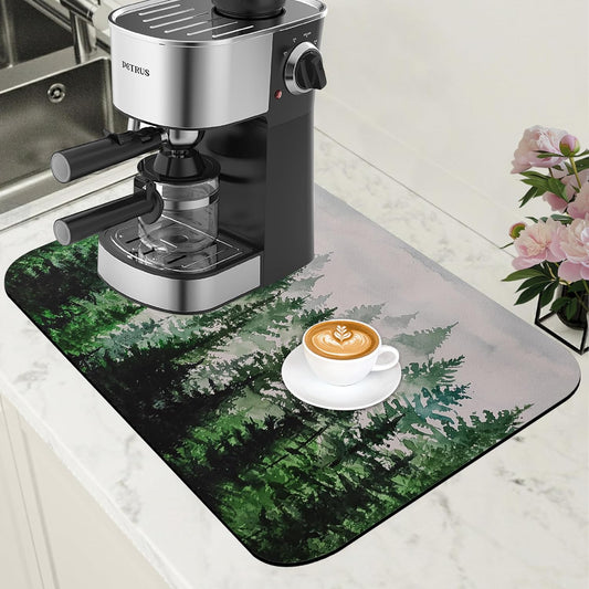 Dish Drying Mat Watercolor Foggy Forest Coffee Bar Mat for Countertop Absorbent Rubber Backed Hide Stain Dish Drainer Rack