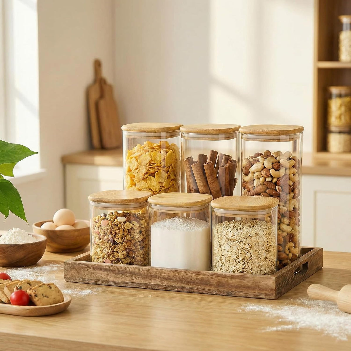 Square Glass Jars with Bamboo Lids 30 FL OZ [Set of 6], Glass Canisters with Airtight Lid, Glass Food Storage Container for Pasta, Flour, Sugar, Rice, Best for Kitchen & Pantry