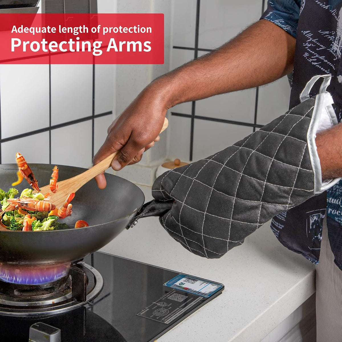 ARCLIBER Black 15" 425°F Terry Oven Mitts Quilted Heat Resistant | Quilted Lining, 1 Pair, Heat Resistant, Classic, Cotton Blend, Cooking, Baking, Grilling, Non-Slip Grip