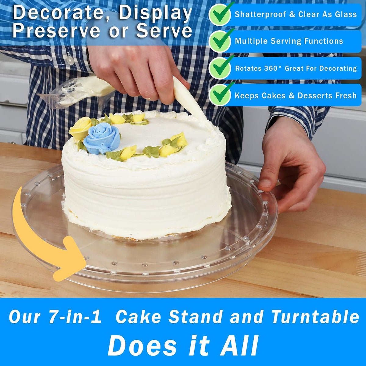 7in1 Rotating Multifunctional Acrylic Cake Stand with Lid &amp; Cake Turntable | 12" Cake Turntable for Decorating Kit Serving Salad Bowl/Veggie Platter/Punch Bowl/Desert Platter - BPA Free
