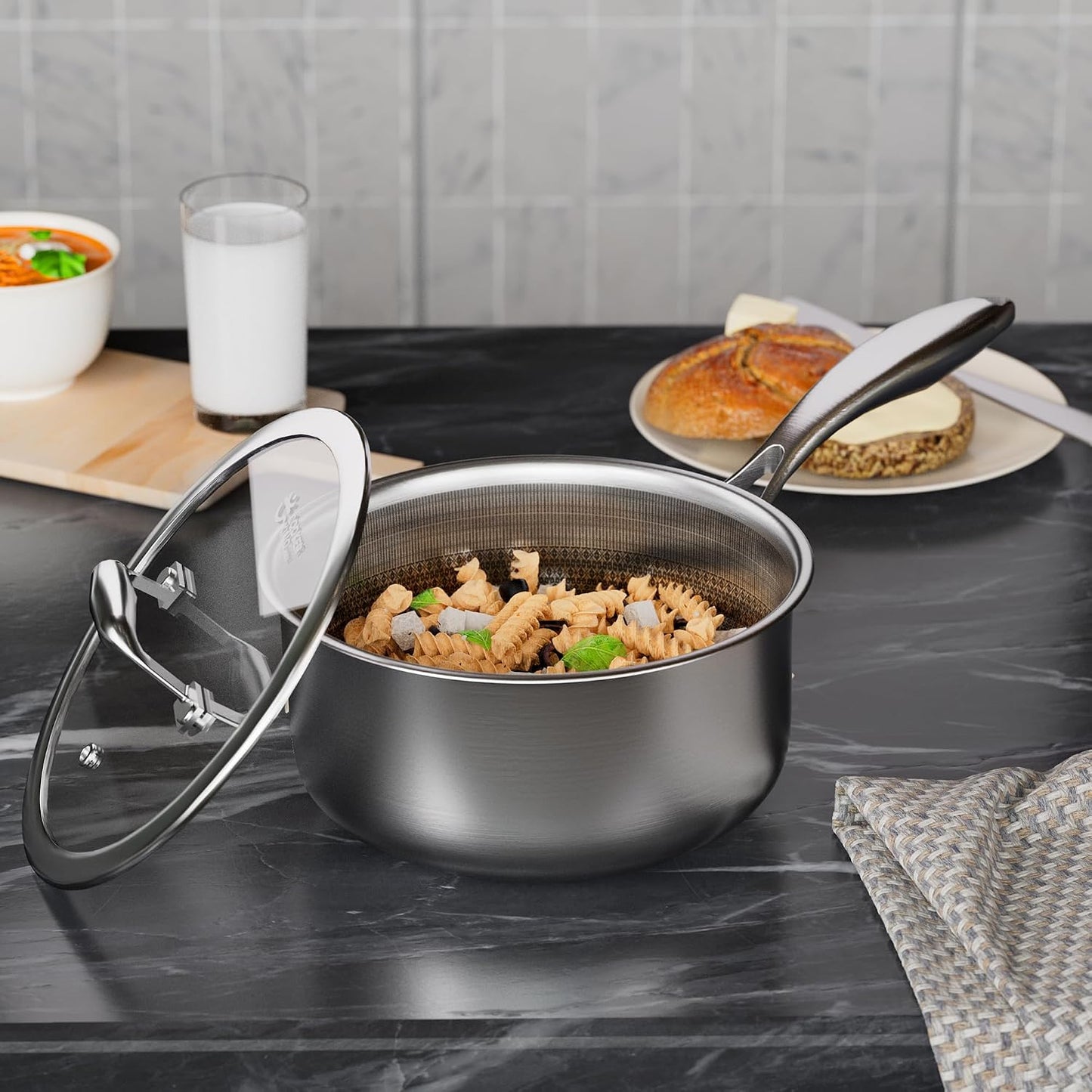COOKER KING 3 Quart Stainless Steel Saucepan with Lid, Tri-Ply Ceramic Nonstick Pot, Metal Utensil Safe, Dishwasher & Ov