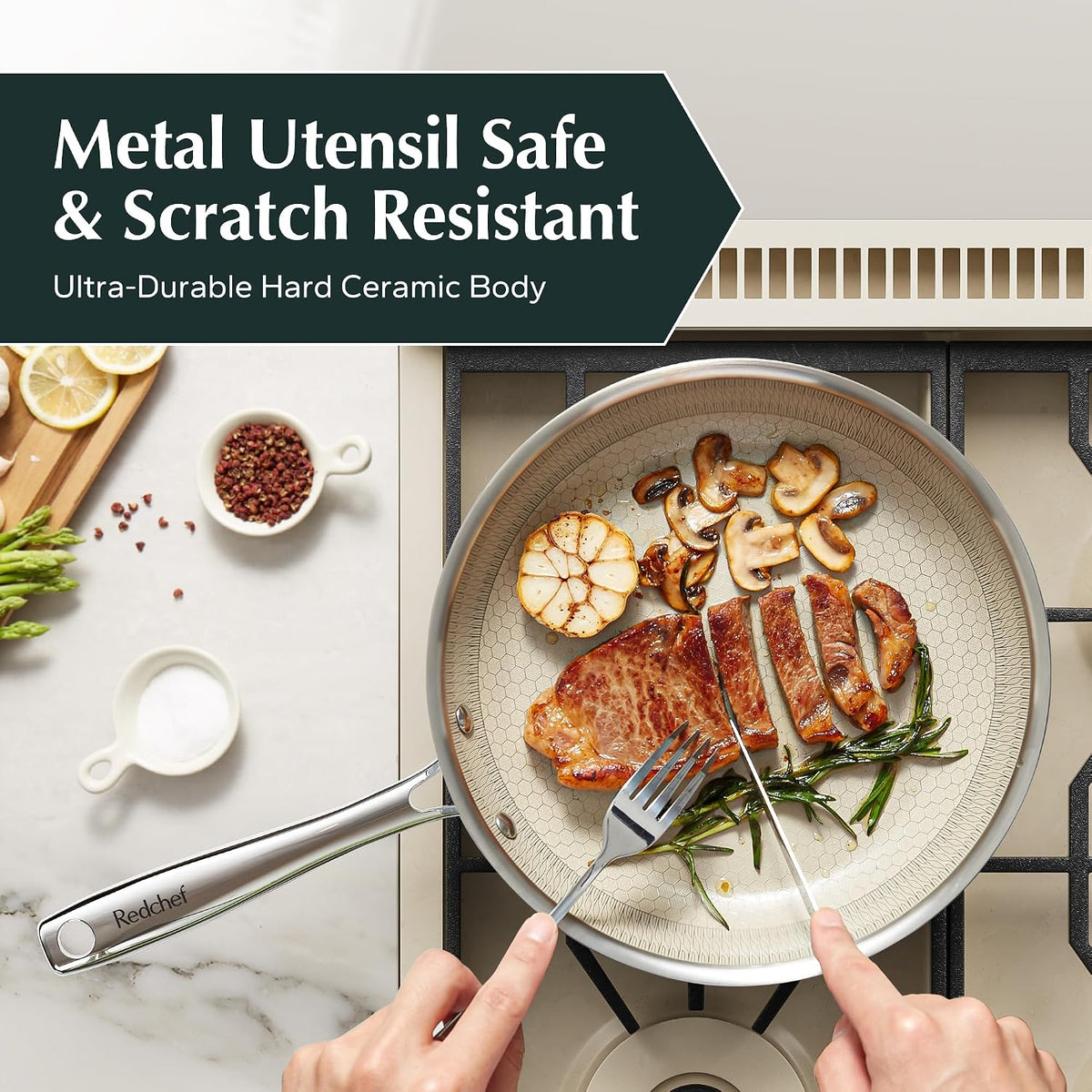 Redchef Hybrid Ceramic Nonstick 11-Inch Frying Pan with Stay-Cool Handle, Dishwasher & Oven Safe, Induction Compatible, Tri-Ply Stainless Steel & Aluminum, All Cooktops