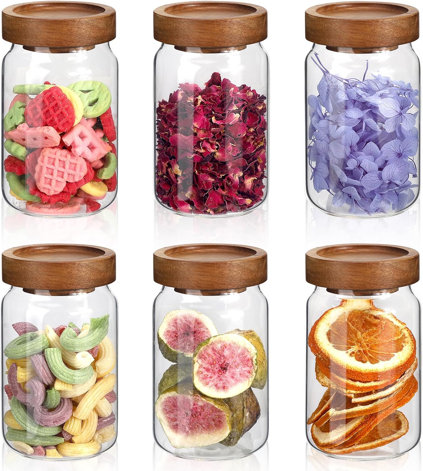 6oz Small Glass Jars with Wood Lid Spice Jar Round Food Storage Canister Clear Glass Containers Jar for Ground Seasoning Pantry Sugar Tea Coffee Bean Spice Herb Cookies(6 * 200ml(6.76oz))