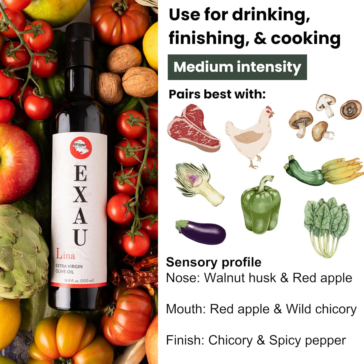 EXAU Lina Italian Extra Virgin Olive Oil, High Polyphenol 1485 mg/kg, Tonda &amp; Carolea Olivaggio from Calabria Italy, Cold Pressed Early Harvest, Drinking &amp; Finishing, 16.9 fl oz (500ml)
