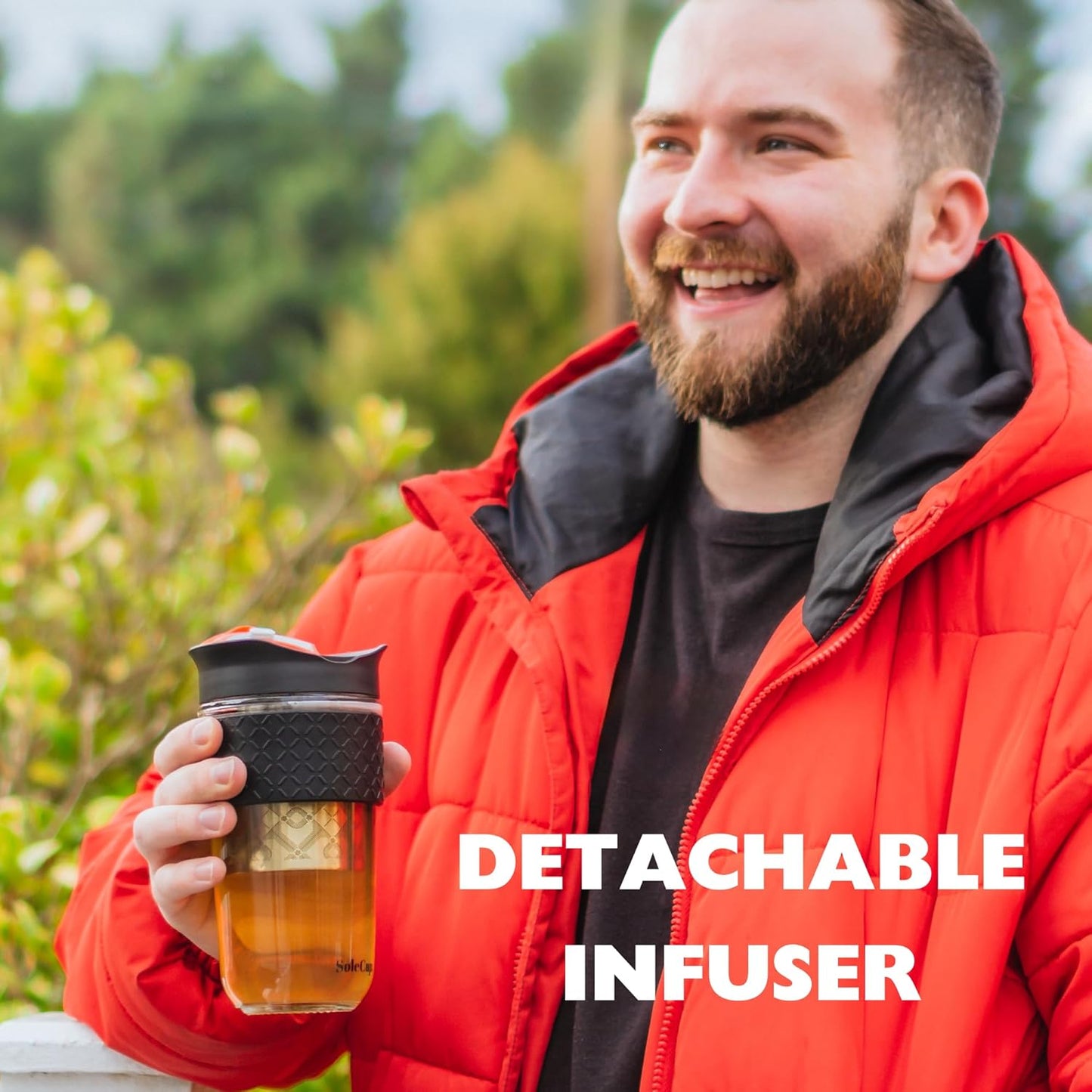 Large Travel Mug Loose Tea Infuser - Detachable Tea Strainer with Spill Proof Lid - 18oz/530ml BPA-Free Reusable Glass Travel Coffee Cup with Silicone Band (Grey and Blue)