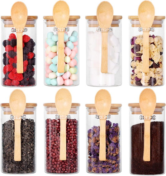 Set of 8 Glass Jars with Bamboo Lids and Spoons, 10 OZ Airtight Small Glass Tea Containers for Loose Tea, Coffee and Sugar