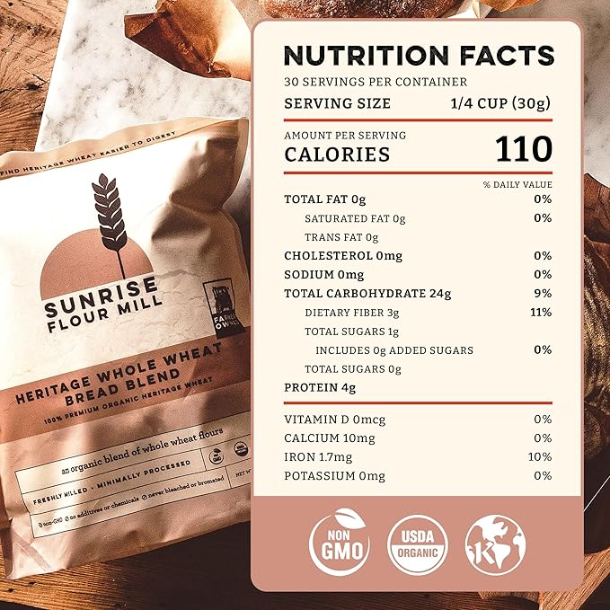Sunrise Flour Mill Heritage Whole Wheat Bread Blend - 2 lb | USDA Organic All Purpose Flour Unbleached - Non-GMO, Kosher, Grown Without Glyphosate, Ancient Grains, Bread Flour Organic.