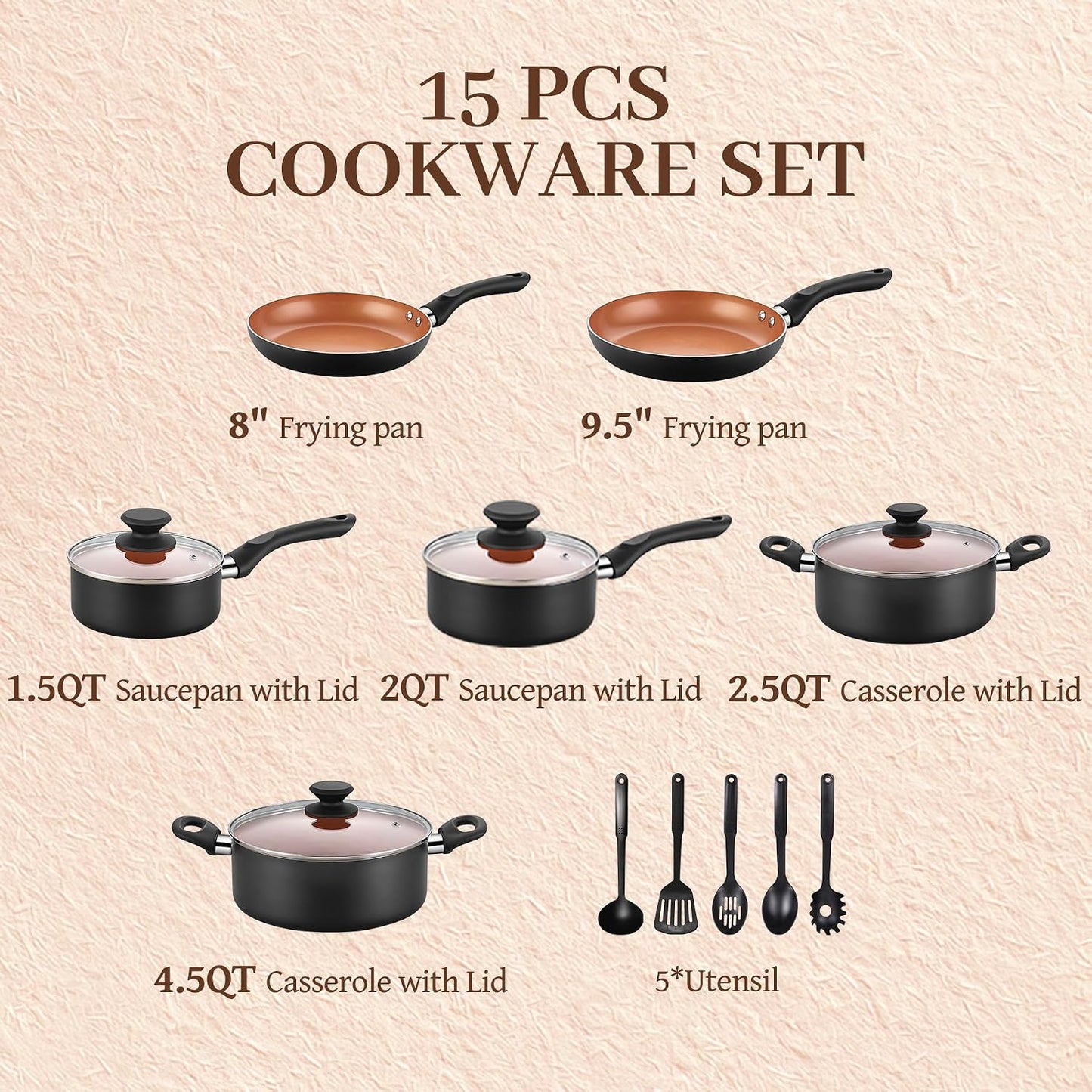 BECIGAR Ceramic Pots and Pans Set, 15PCS Nonstick Set Ceramic Cookware Set, Nonstick Pan Pots and Pans Set Non Stick Coo