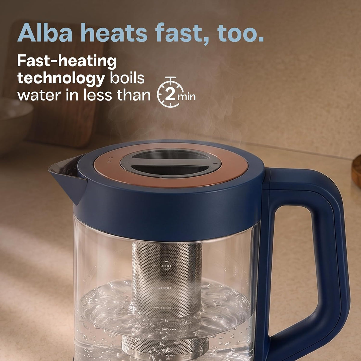 Viante Alba Electric Tea Kettle, Infuser, No Plastic, 1.5L, Midnight Blue