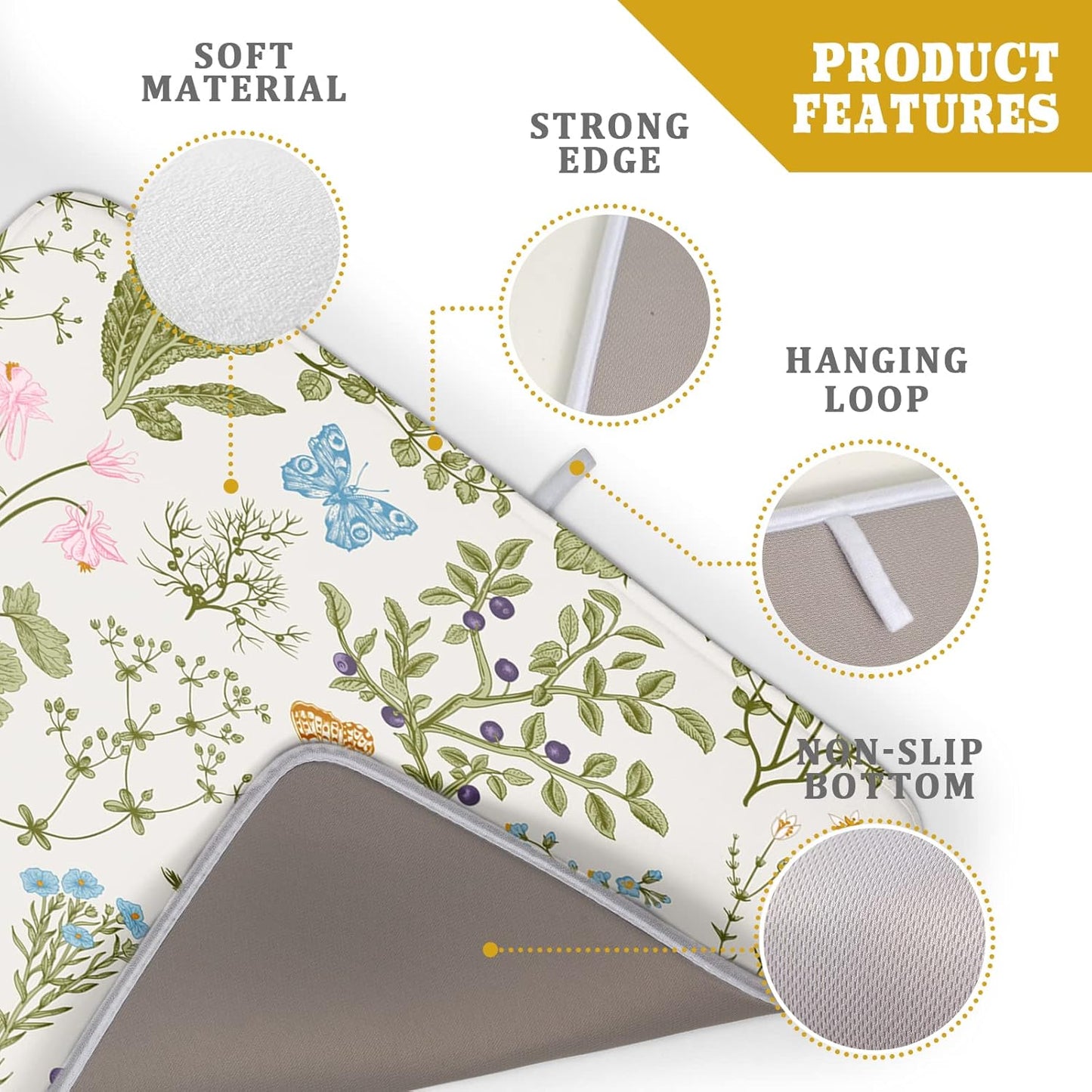 Wild Flowers Herbs Dish Drying Mat for Kitchen Counter Decor 18x24 Inch Vintage Floral Absorbent Reversible Microfiber Dish Drying Pad Sage Plant Dish Drainer Rack Mats for Coffee Bar Kitchen
