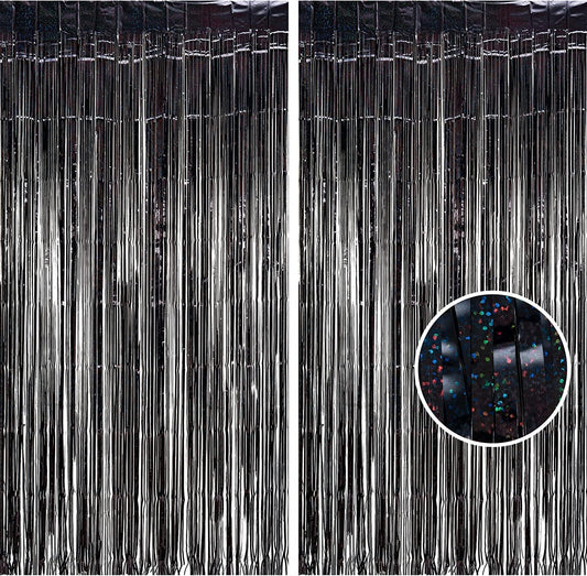 BRAVESHINE Black Halloweens Party Foil Fringe Curtains - 2 Pack Metallic Tinsel Photo Booth Streamers Backdrop for