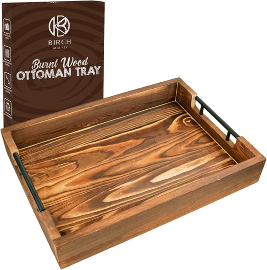 Natural Bamboo Serving Trays Modern Decorative Otman Trays with Metal Handles - Perfect for Living Room, Bedroom, Entryway &