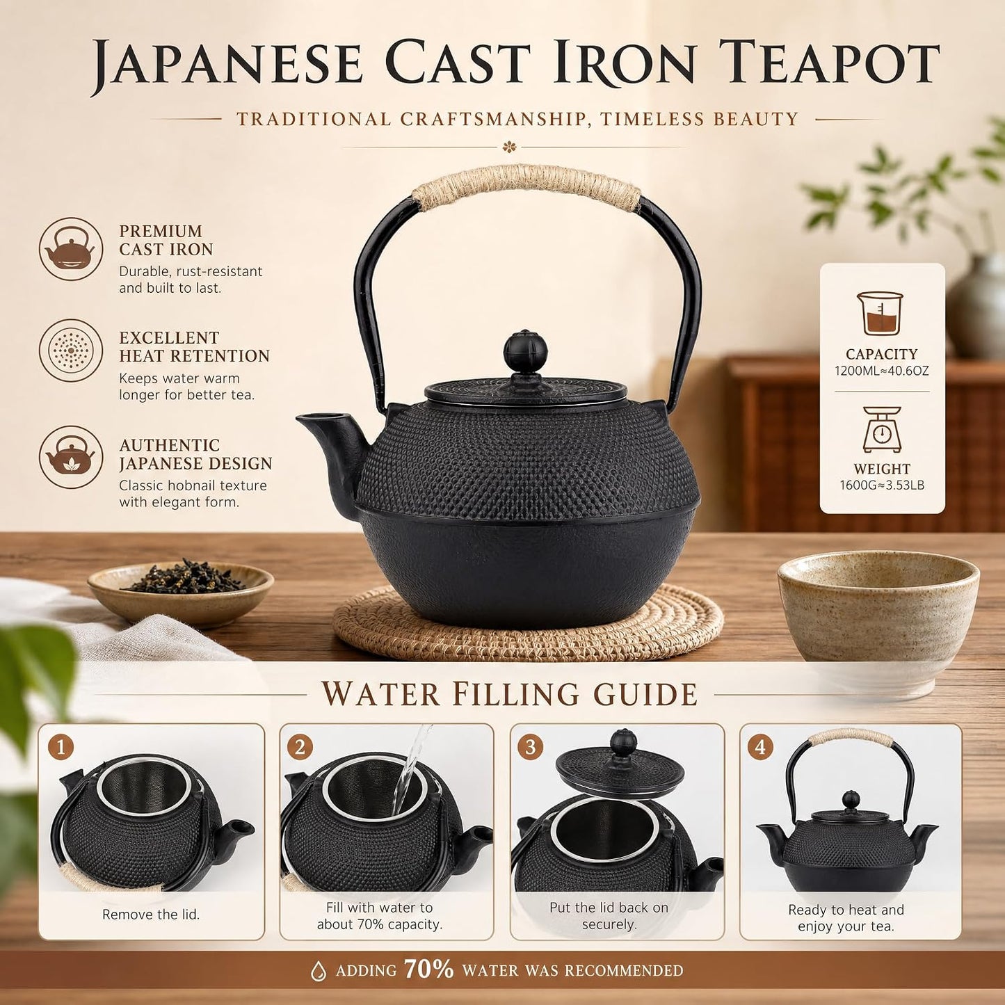 40oz Cast Iron Tea Kettle for Stovetop, Black Teapot with Infuser