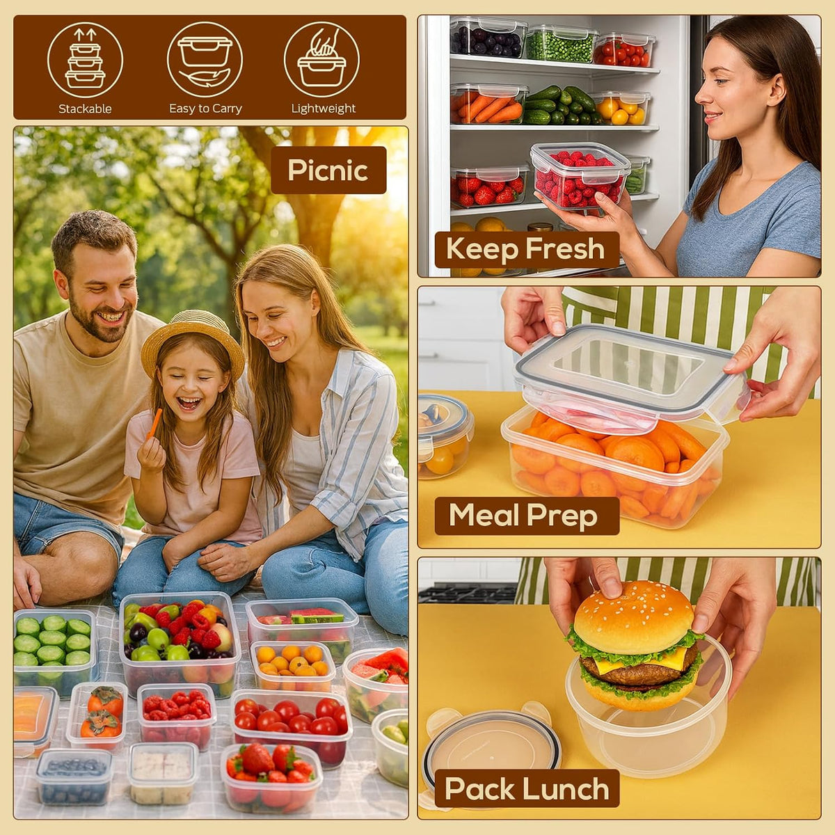 50 PCS Thicker Food Storage Containers with Lids, Clear Stackable Airtight Leakproof Reusable Plastic Meal Prep Container Set for Kitchen Storage/Lunch, Fridge/Microwave Safe with Labels&Pen