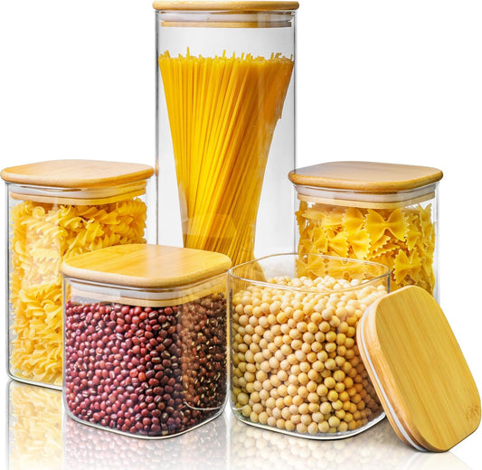 Multi Size - 5 Pack Square Glass Jars with Bamboo Lids, Glass Food Storage Containers with Airtight Lids for Kitchen, Air
