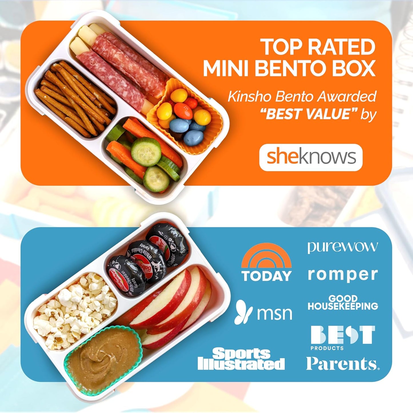 kinsho Snack Container Boxes for Kids Toddlers, 2 Pack Teal Blue &amp; Orange | 3 Compartments, Leak-Proof, Spill Proof, BPA-Free Reusable Small Mini Bento Lunch Box for Daycare School Travel, Holds 2 Cups