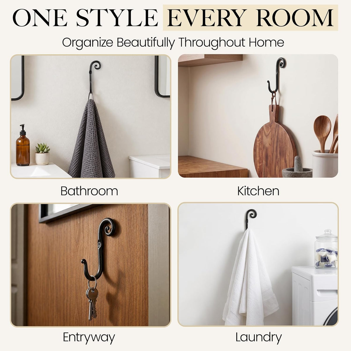 RTZEN Classic Farmhouse Wall Mount Multi-Use Wrought Iron Hook Set (3 Pack)