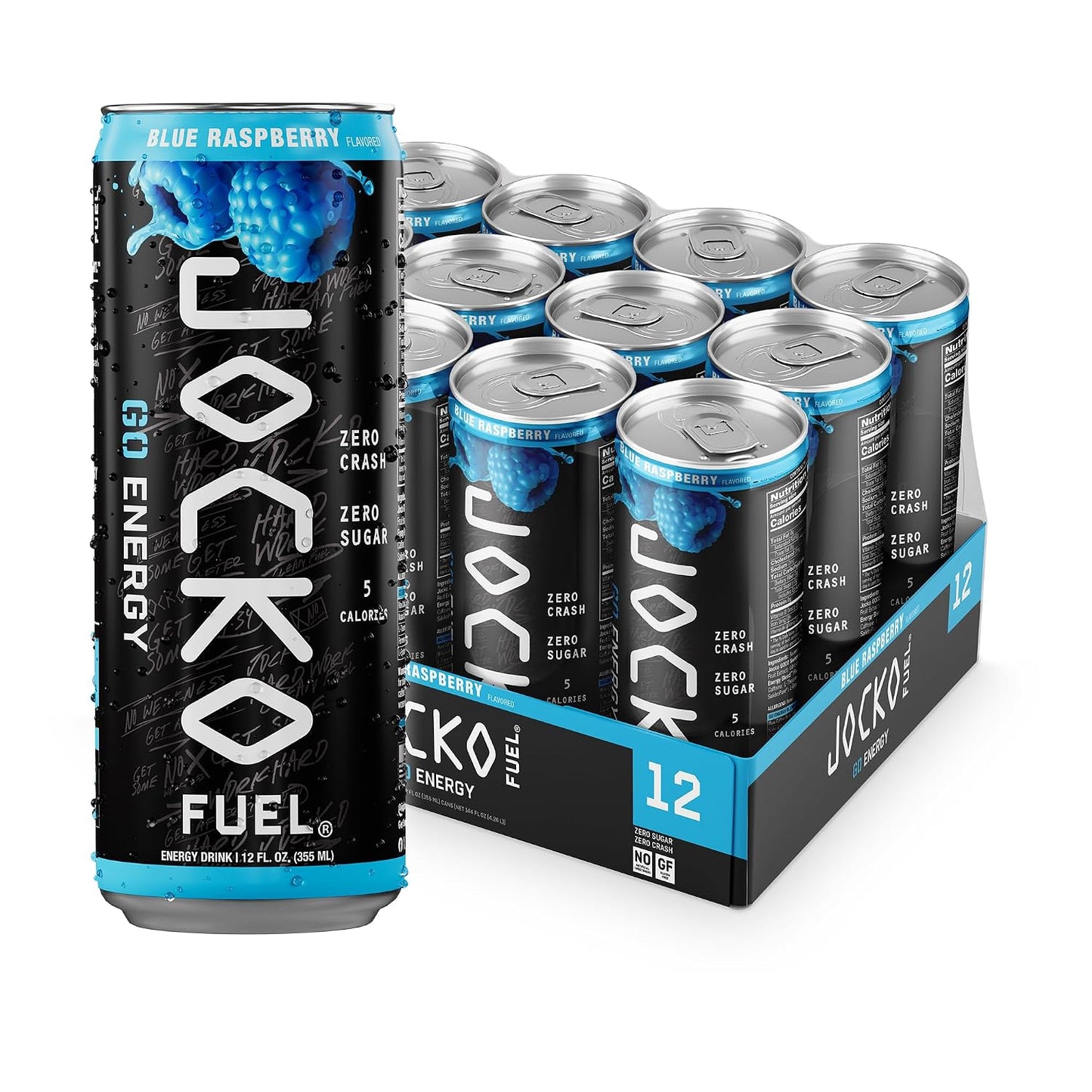 Jocko Fuel GO Energy Drinks, Blue Raspberry, 12 oz | 12 Pack | 95mg Clean, No Crash Natural Caffeine | No Sugar, Jitter Free | L-Theanine &amp; Adaptogens Lift Mood, Focus &amp; Endurance