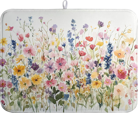 Spring Floral Dish Drying Mat for Kitchen Counter Summer Colorful Flower Kitchen Dishes Dryer Pad Absorbent Matt Microfiber