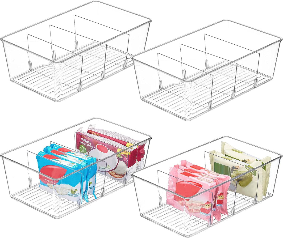 Vtopmart 4 Pack Food Storage Organizer Bins, Clear Plastic Bins for Pantry, Kitchen, Fridge, Cabinet Organization and Storage, 4 Compartment Holder Packets, Snacks, Pouches, Spice Packets