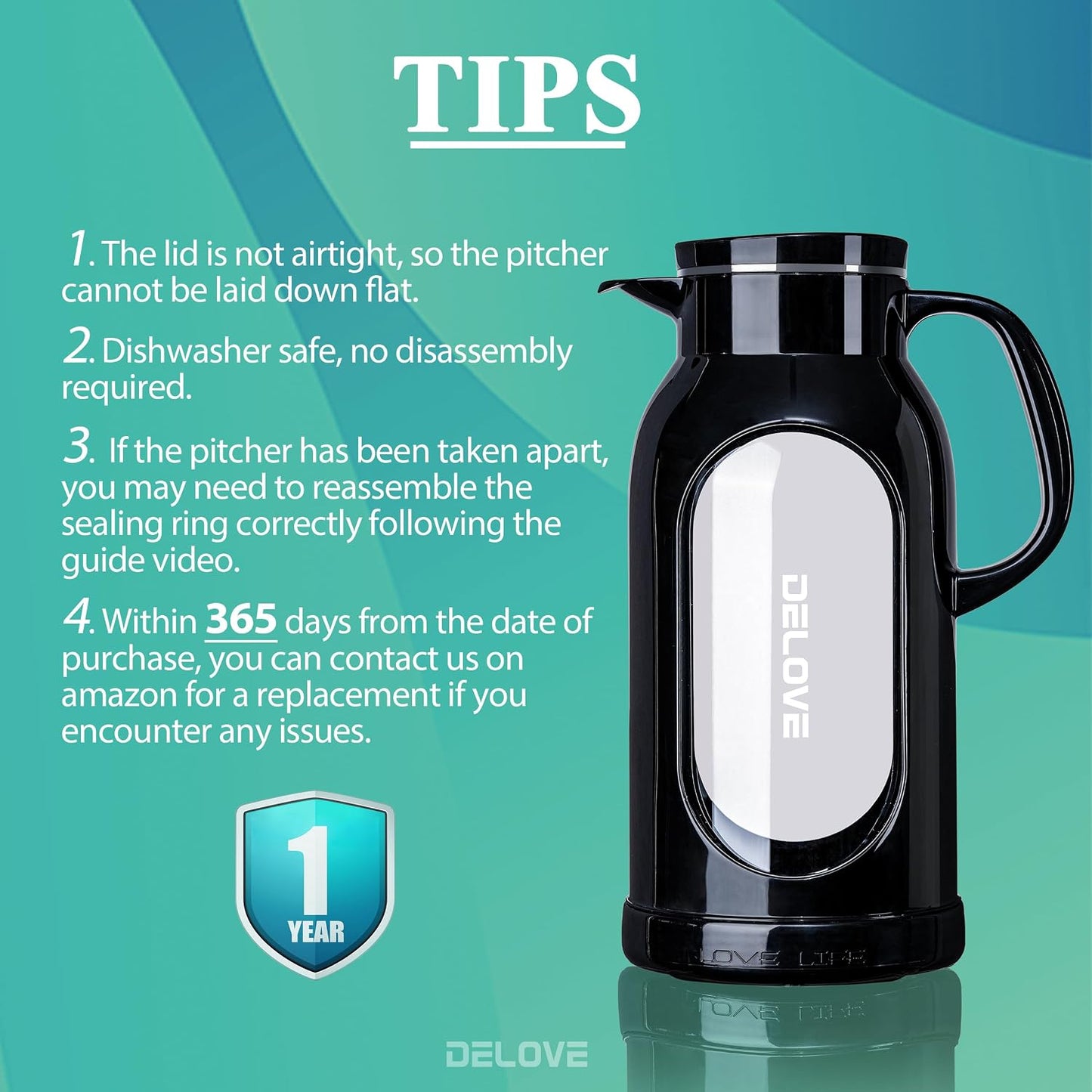 Delove 68 oz/2 Liter Glass Pitcher with Shatterproof Shell - Heat Resistant Glass Liner - Stainless Steel Lid - Carafe &amp; Jug for Iced Tea,Hot/Cold Water,Homemade Juice Beverages (Black)