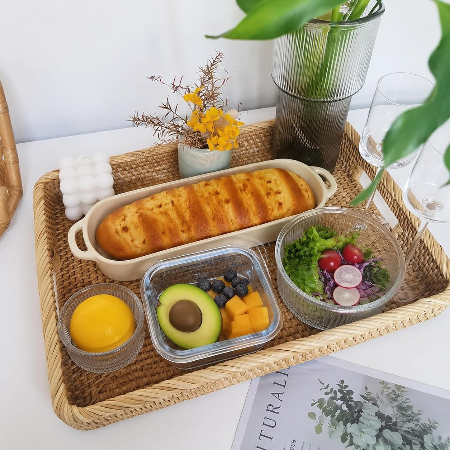 i-lan 17-Inch Large Rectangular Rattan Serving Tray with Handles | Handwoven natural wicker tray for breakfast, drinks, fruit, coffee tables and ottomans. Size: 17 x 13 x 2.4 inches.